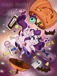 Size: 1620x2160 | Tagged: safe, alternate version, artist:ohneechan, oc, oc only, oc:space dust, bat, pegasus, pony, spider, candy, candy corn, floating, food, halloween, holiday, jack-o-lantern, lollipop, pegasus oc, pumpkin, solo, watermark, worried, ych example, your character here