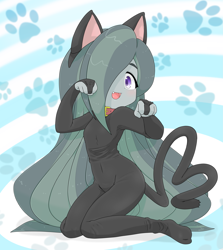 Size: 3065x3433 | Tagged: safe, artist:batipin, marble pie, human, equestria girls, g4, abstract background, cat ears, cat tail, catgirl, catsuit, collar, cute, equestria girls-ified, female, hair over one eye, high res, kneeling, marblebetes, open mouth, open smile, smiling, solo, tail
