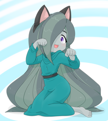 Size: 3065x3433 | Tagged: safe, alternate version, artist:batipin, marble pie, human, equestria girls, g4, abstract background, barefoot, cat ears, cute, equestria girls-ified, feet, female, hair over one eye, high res, kneeling, marblebetes, open mouth, open smile, smiling, solo