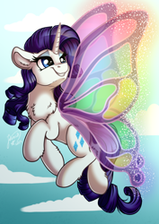 Size: 2894x4093 | Tagged: safe, artist:julunis14, rarity, pony, unicorn, g4, sonic rainboom (episode), butterfly wings, chest fluff, ear fluff, female, fluffy, flying, gossamer wings, grin, high res, horn, leg fluff, mare, sky, smiling, solo, spread wings, wings