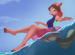 Size: 2450x1800 | Tagged: safe, artist:foxyara, oc, oc only, oc:naga, anthro, anthro oc, ass, breasts, butt, clothes, female, inner tube, open mouth, outdoors, partially submerged, pool toy, solo, swimsuit, underwater, water