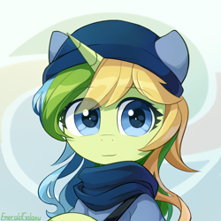 Size: 2000x2000 | Tagged: safe, artist:emeraldgalaxy, oc, oc only, oc:meralaxy, pony, unicorn, abstract background, bust, clothes, eye clipping through hair, eyebrows, eyebrows visible through hair, female, hat, high res, horn, looking at you, mare, portrait, scarf, shirt, signature, smiling, smiling at you, solo, unicorn oc