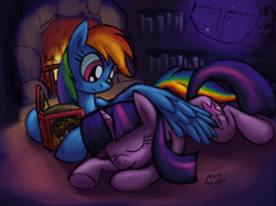 Size: 2392x1788 | Tagged: safe, artist:cazra, rainbow dash, twilight sparkle, pegasus, pony, unicorn, g4, 2015, book, commission, cuddling, cute, duo, duo female, eyes closed, female, fireplace, folded wings, high res, horn, hug, lesbian, looking at someone, lying down, mare, old art, one wing out, prone, reading, ship:twidash, shipping, signature, sleeping, smiling, snuggling, underhoof, unicorn twilight, wing blanket, winghug, wings