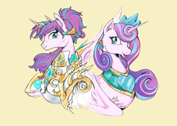 Size: 1600x1140 | Tagged: safe, artist:thurder2020, princess flurry heart, alicorn, pony, g4, armor, bruised, crown, duality, female, jewelry, mare, messy mane, older, older flurry heart, open mouth, open smile, peytral, regalia, smiling, solo, warrior flurry heart