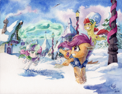 Size: 3289x2520 | Tagged: safe, artist:the-wizard-of-art, apple bloom, scootaloo, sweetie belle, earth pony, pegasus, pony, unicorn, g4, 2019, chest fluff, christmas, christmas tree, clothes, cutie mark crusaders, ear fluff, earmuffs, female, filly, floppy ears, foal, glowing, glowing horn, grin, gritted teeth, hat, high res, holiday, hoof hold, horn, levitation, looking back, magic, magic aura, old art, outdoors, ponyville, running, scared, scarf, signature, smiling, snow, snowball, snowball fight, spread wings, sweater, teeth, telekinesis, the cmc's cutie marks, traditional art, tree, trio, watercolor painting, wings, winter