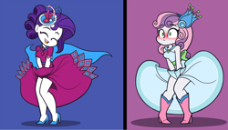 Size: 2366x1358 | Tagged: safe, artist:khuzang, rarity, sweetie belle, human, equestria girls, g4, belle sisters, blue background, blushing, boots, clothes, dress, duo, duo female, eyes closed, female, gala dress, headdress, high heel boots, high heels, marilyn monroe, movie reference, pinpoint eyes, purple background, shoes, siblings, simple background, sisters, sleeveless, sleeveless dress, split screen, the seven year itch, two sides