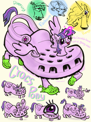 Size: 2999x4000 | Tagged: safe, artist:ja0822ck, gilda, princess celestia, rarity, twilight sparkle, griffon, pony, g4, crocs, cursed pony subspecies, cyriak, female, mare, meme, not salmon, ponified, twilight crockle, wat