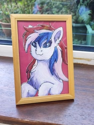 Size: 2250x3000 | Tagged: safe, artist:autumnsfur, oc, oc only, oc:britannia (uk ponycon), earth pony, pony, uk ponycon, acrylic painting, blue eyes, british, bust, female, framed picture, garden, high res, irl, mare, mascot, multicolored hair, multicolored mane, painting, photo, raised hooves, simple background, smiling, solo, traditional art, united kingdom, white coat, white fur