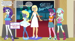 Size: 1024x563 | Tagged: safe, artist:stilleye, applejack, lyra heartstrings, rarity, sugar belle, oc, oc:azure/sapphire, human, equestria girls, g4, breasts, busty applejack, clothes, converse, crossdressing, dialogue, equestria girls-ified, female, femboy, freckles, frozen, genderfluid, group, hand on hip, high heels, inanimate tf, male, mannequin, marilyn monroe, pose, quintet, shoes, smiling, text, transformation