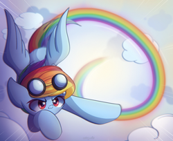 Size: 2450x2000 | Tagged: safe, artist:miryelis, rainbow dash, pegasus, pony, g4, cloud, female, flying, goggles, goggles on head, high res, mare, multicolored hair, rainbow, rainbow hair, rainbow trail, sky, smiling, solo, spread wings, starry eyes, wingding eyes, wings