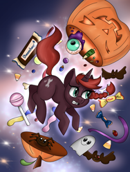 Size: 1620x2160 | Tagged: safe, alternate version, artist:ohneechan, oc, oc only, oc:rusty wrenches, bat, pony, spider, unicorn, braid, candy, candy corn, commission, female, floating, food, green eyes, halloween, holiday, horn, jack-o-lantern, lollipop, pumpkin, solo, unicorn oc, watermark, worried, ych example, your character here