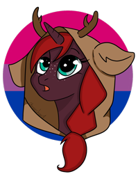 Size: 1238x1554 | Tagged: safe, alternate version, artist:ohneechan, oc, oc only, oc:rusty wrenches, pony, unicorn, bisexual pride flag, braid, fake antlers, fake ears, female, freckles, green eyes, hairband, hood, horn, looking up, pride, pride flag, profile picture, simple background, solo, transparent background, unicorn oc