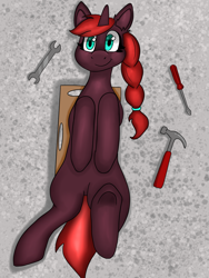 Size: 1620x2160 | Tagged: safe, artist:ohneechan, oc, oc only, oc:rusty wrenches, pony, unicorn, braid, female, green eyes, hairband, hammer, horn, looking at you, looking up, lying down, mechanic, on back, screwdriver, smiling, solo, tools, unicorn oc, wrench