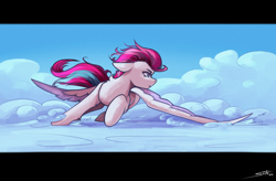 Size: 2500x1640 | Tagged: safe, artist:skitsroom, zipp storm, pegasus, pony, g5, action pose, cloud, colored wings, ears back, female, flying, high res, mare, sky, solo, spread wings, wings