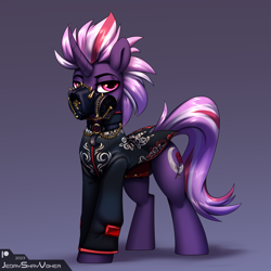 Size: 3000x3000 | Tagged: safe, artist:jedayskayvoker, oc, oc:crystal blood, pony, unicorn, chains, clothes, face mask, gas mask, gold, gradient background, high res, horn, jacket, jewelry, long tail, looking at you, male, mask, pendant, pink eyes, sewing, solo, spikes, stallion, tail, tall, unicorn oc, vest