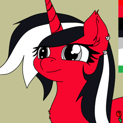Size: 1080x1080 | Tagged: safe, artist:luxter77, oc, oc only, oc:rosalia, pony, unicorn, black and white mane, chest fluff, color palette, ear fluff, ear piercing, earring, horn, jewelry, piercing, red coat, solo, unicorn oc