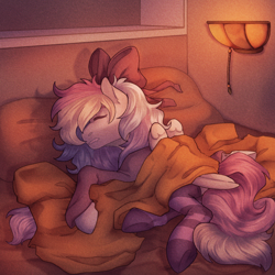 Size: 2000x2000 | Tagged: safe, artist:dereketto, oc, oc only, oc:blazey sketch, pegasus, pony, bed, blanket, bow, clothes, comfy, detailed background, grey fur, hair bow, high res, multicolored hair, pegasus oc, sleeping, small wings, socks, solo, striped socks, sweater, wings