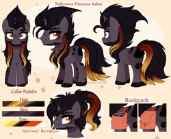 Size: 2895x2348 | Tagged: safe, artist:2pandita, oc, oc:dimness ashes, pony, unicorn, bag, body markings, book, color palette, eyebrow slit, eyebrows, eyeshadow, facial hair, facial markings, freckles, golden eyes, gradient mane, gradient tail, high res, lidded eyes, makeup, male, ponytail, red eyes, reference sheet, saddle bag, slit pupils, solo, stallion, tail