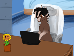 Size: 5000x3776 | Tagged: safe, artist:deadsmoke, oc, oc only, earth pony, pony, chair, colored pupils, commission, computer, flower, gradient hooves, headphones, laptop computer, office chair, room, sitting, smiling, sunflower, table