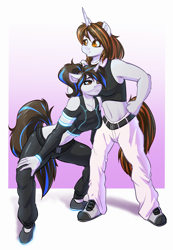 Size: 2432x3512 | Tagged: safe, artist:witchtaunter, oc, oc only, unicorn, anthro, plantigrade anthro, belly button, clothes, commission, duo, duo female, female, high res, midriff, pants, shoes
