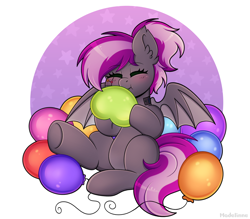 Size: 3200x2800 | Tagged: safe, artist:madelinne, oc, oc only, bat pony, pony, balloon, bat pony oc, blowing up balloons, blushing, cute, eyes closed, female, happy, heart, heart balloon, high res, inflating, mare, ponytail, simple background, sitting, solo, spread wings, that pony sure does love balloons, underhoof, white background, wings