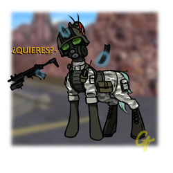 Size: 3000x3000 | Tagged: safe, artist:ctamina, oc, oc only, oc:aquamarine, alien, armor, armored pony, boots, clothes, gas mask, gun, h.e.c.u., half-life, half-life: opposing force, helmet, high res, levitation, magic, male, mask, military, mp5, shoes, snark, soldier, stallion, submachinegun, telekinesis, uniform, weapon