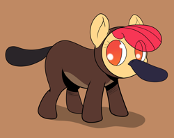 Size: 4096x3242 | Tagged: safe, artist:realgero, apple bloom, earth pony, platypus, pony, g4, animal costume, brown background, clothes, costume, female, filly, foal, halloween, halloween costume, no pupils, platypus costume, simple background, solo