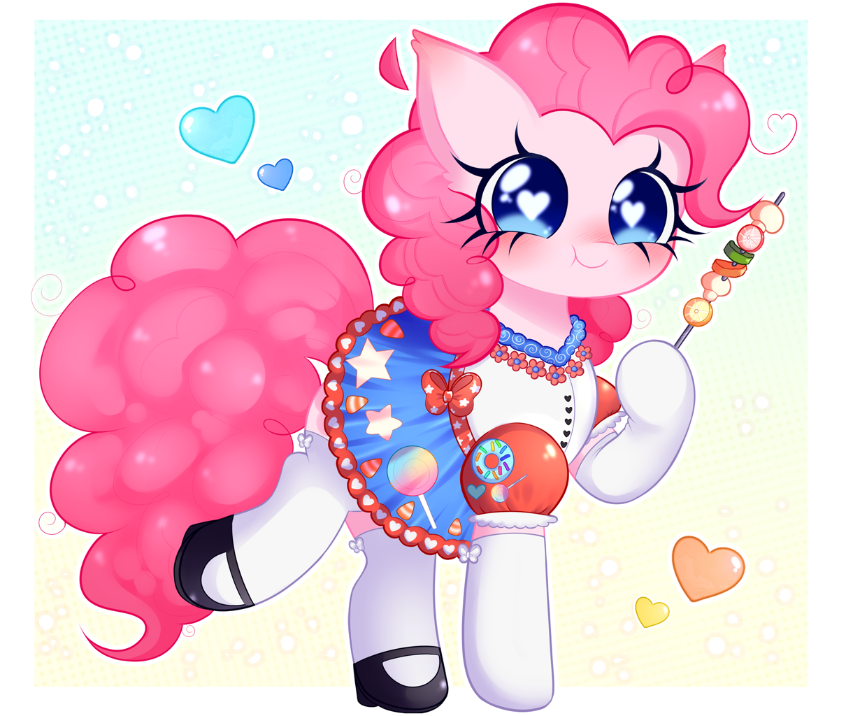 [chile,clothes,cute,dress,earth pony,eating,food,heart,heart eyes,mary janes,mushroom,pepper,pinkie pie,pony,safe,shoes,solo,stockings,thigh highs,tomato,wingding eyes,herbivore,celebration,diapinkes,artist:arwencuack]