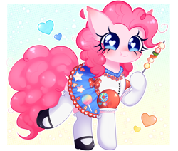 Size: 2552x2160 | Tagged: safe, artist:arwencuack, pinkie pie, earth pony, pony, g4, celebration, chile, clothes, cute, diapinkes, dress, eating, food, heart, heart eyes, herbivore, high res, kebab, mary janes, mushroom, pepper, shoes, solo, stockings, thigh highs, tomato, wingding eyes
