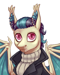 Size: 1200x1500 | Tagged: safe, artist:mr.catfish, oc, oc only, oc:valery stablein, bat pony, pony, eaw redux, equestria at war mod, bust, clothes, ear fluff, fangs, looking at you, male, pink eyes, ponified, portrait, simple background, solo, sweater, sweatershy, transparent background, valery sablin