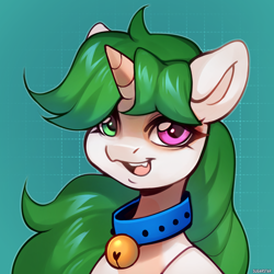 Size: 2400x2400 | Tagged: safe, artist:sugarstar, oc, oc only, oc:sugarstar, pony, unicorn, bell, bell collar, bust, collar, fangs, heterochromia, high res, horn, icon, open mouth, open smile, smiling, solo, unicorn oc
