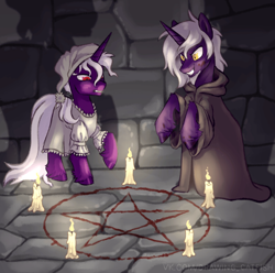 Size: 1050x1040 | Tagged: safe, artist:mr.catfish, oc, oc only, oc:caesius lucius luculus, oc:fulgrim luculus, pony, unicorn, angry, basement, candle, clothes, cute, duo, madorable, male, mantle, nightgown, pentagram, red eyes, shadows, siblings, smiling, white mane, yellow eyes