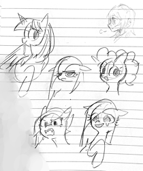 Size: 1755x2089 | Tagged: safe, artist:metaruscarlet, limestone pie, pinkie pie, twilight sparkle, alicorn, earth pony, pony, g4, crying, doodle, lined paper, looking at you, open mouth, pinkamena diane pie, traditional art, twilight sparkle (alicorn)