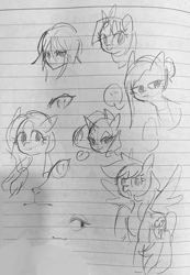 Size: 2013x2904 | Tagged: safe, artist:metaruscarlet, fluttershy, pinkie pie, rainbow dash, rarity, twilight sparkle, earth pony, pegasus, pony, unicorn, g4, alternate hairstyle, alternate universe, doodle, high res, lined paper, looking at you, open mouth, pinkamena diane pie, traditional art, unicorn twilight