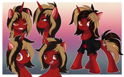 Size: 4000x2500 | Tagged: safe, artist:xvostik, pony, unicorn, all time low, bust, chest fluff, clothes, commission, dyed mane, dyed tail, eye clipping through hair, eyebrows, eyebrows visible through hair, facial expressions, fangs, gradient background, grin, hair over one eye, horn, jack barakat, lidded eyes, looking at you, male, open mouth, open smile, passepartout, ponified, shirt, smiling, smug, solo, stallion, standing, t-shirt, tail, unshorn fetlocks, ych result