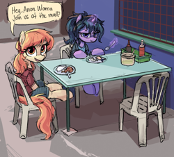 Size: 968x874 | Tagged: safe, artist:plunger, oc, oc only, earth pony, fish, pony, unicorn, chair, clothes, cute, dialogue, duo, eating, female, food, fork, heart, heart eyes, implied anon, imported from twibooru, lidded eyes, looking at you, magic, mare, offscreen character, png, ponies eating meat, ponies eating seafood, pov, seafood, sitting, telekinesis, wingding eyes