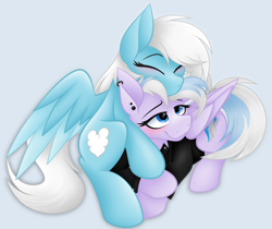 Size: 3464x2916 | Tagged: safe, artist:feather_bloom, oc, oc:feather bloom(fb), oc:feather_bloom, oc:silver haze(kaitykat), pegasus, pony, blushing, clothes, cuddling, ear piercing, earring, high res, hug, jacket, jewelry, leather, leather jacket, pegasus oc, piercing, shading, simple background