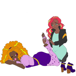 Size: 3072x3072 | Tagged: safe, artist:cryweas, artist:icicle-niceicle-1517, color edit, edit, adagio dazzle, sunset shimmer, human, g4, alternate hairstyle, barefoot, belt, boots, clothes, collaboration, colored, dark skin, discarded clothing, dress, duo, feet, female, fetish, fingerless gloves, foot fetish, gloves, hairband, high heel boots, high res, humanized, jacket, kneeling, leather, leather jacket, lesbian, lying down, one eye closed, open mouth, prone, ripped stockings, ship:sunsagio, shipping, shoes, shoes removed, shorts, simple background, socks, soles, stockings, thigh highs, tickle torture, tickling, toes, torn clothes, torn socks, transparent background