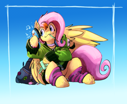 Size: 1280x1042 | Tagged: safe, artist:shevr, fluttershy, pegasus, pony, antonymph, cutiemarks (and the things that bind us), vylet pony, g4, bag, clothes, dyed mane, female, fluttgirshy, food, gir, gradient background, headphones, hoodie, invader zim, leg warmers, lesbian, lesbian pride flag, nyan cat, pocky, pride, pride flag, solo, trans fluttershy, transgender, transgender pride flag