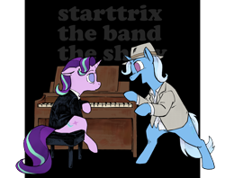 Size: 2048x1621 | Tagged: safe, artist:shevr, starlight glimmer, trixie, pony, unicorn, g4, duo, female, hat, lesbian, musical instrument, ntbts, piano, reference, semi-transparent, ship:startrix, shipping
