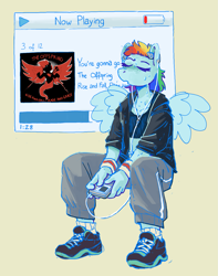 Size: 1457x1847 | Tagged: safe, artist:shevr, rainbow dash, pegasus, pony, anthro, plantigrade anthro, g4, album cover, alternate hairstyle, clothes, earbuds, jacket, music, music player, pants, ponified, ponified album cover, shoes, simple background, solo, sweat, sweatpants, the offspring, workout outfit, yellow background, you're gonna go far kid