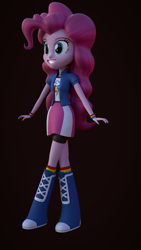 Size: 1080x1920 | Tagged: safe, artist:palmman529, pinkie pie, human, equestria girls, g4, 3d, armband, blender, boots, boots swap, clothes, clothes swap, collar, compression shorts, crossed legs, female, jacket, rainbow dash's armbands, rainbow dash's compression shorts, rainbow dash's jacket, rainbow dash's shirt, rainbow dash's shirt with a collar, rainbow dash's skirt, rainbow dash's wristband, rainbow socks, shirt, shoes, smiling, socks, solo, striped socks, teenager