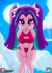 Size: 1071x1500 | Tagged: safe, alternate character, alternate version, artist:minusclass, part of a set, aria blaze, human, equestria girls, g4, belly button, bikini, bikini bottom, bikini top, boob window, breasts, busty aria blaze, cleavage, clothes, cloud, female, legs, looking at you, looking down, looking down at you, midriff, open mouth, outdoors, patreon, patreon logo, pigtails, ponytails, sky, solo, stupid sexy aria blaze, sun, swimsuit, twintails