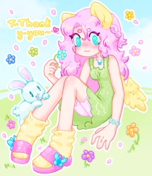 Size: 1764x2048 | Tagged: safe, artist:ibbledribble, angel bunny, fluttershy, human, rabbit, worm, g4, alternate versions at source, animal, ass, beanbrows, blush lines, blushing, bracelet, braid, butt, clothes, cute, dress, duo, ear fluff, eared humanization, eyebrows, flower, humanized, jewelry, light skin, necklace, petals, sandals, shorts, shyabetes, sitting, socks, text, thank you, wavy mouth, winged humanization, wings