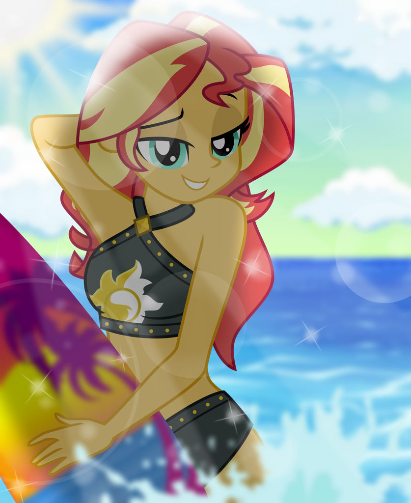 [beautiful,bedroom eyes,bikini,clothes,crepuscular rays,cute,equestria girls,grin,human,lens flare,looking at you,ocean,safe,solo,surfboard,swimsuit,water,sunset shimmer,sleeveless,shimmerbetes,smiling,bare shoulders,stupid sexy sunset shimmer,artist:emeraldblast63,arm behind head,summer sunset,beach shorts swimsuit]
