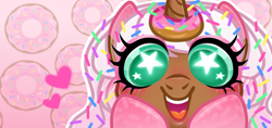 Size: 560x264 | Tagged: safe, artist:nekomellow, oc, oc only, oc:donut daydream, pony, unicorn, donut, food, pink, solo, starry eyes, wingding eyes