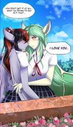 Size: 2000x3500 | Tagged: safe, artist:carbutt69, oc, oc only, oc:cannon car, oc:olive gale, bat pony, pegasus, anthro, bat wings, blushing, breasts, clothes, cute, dialogue, duo, ear piercing, female, high res, i love you, imminent kissing, industrial piercing, lesbian, love confession, multicolored mane, oc x oc, painted nails, piercing, school uniform, shipping, skirt, wholesome, wings