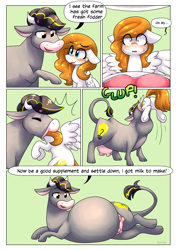 Size: 2894x4093 | Tagged: safe, artist:shoelace, oc, oc:bug-zapper, oc:buzzy brew, cow, pegasus, pony, belly, big belly, blushing, butt, comic, dock, eaten alive, female pred, mare prey, oral vore, plot, same size vore, story in the source, tail, udder, vore