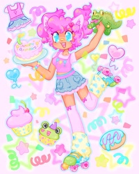 Size: 1440x1800 | Tagged: safe, artist:ibbledribble, gummy, pinkie pie, alligator, human, g4, :d, alternate versions at source, balloon, bandaid, bandaid on nose, beanbrows, birthday cake, bracelet, cake, candle, cherry, clothes, confetti, cupcake, cute, cyan eyes, denim, denim skirt, diapinkes, donut, ear fluff, eared humanization, eyebrows, food, hairclip, hat, humanized, jewelry, leg warmers, microskirt, miniskirt, open mouth, open smile, party hat, pigtails, pink background, roller skates, shirt, simple background, skates, skirt, smiling, socks, solo, stars, t-shirt, tan skin, tank top, thigh highs, thigh socks