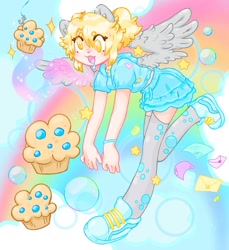 Size: 1440x1574 | Tagged: safe, artist:ibbledribble, derpy hooves, human, g4, clothes, eared humanization, food, humanized, light skin, muffin, socks, solo, thigh highs, winged humanization, wings